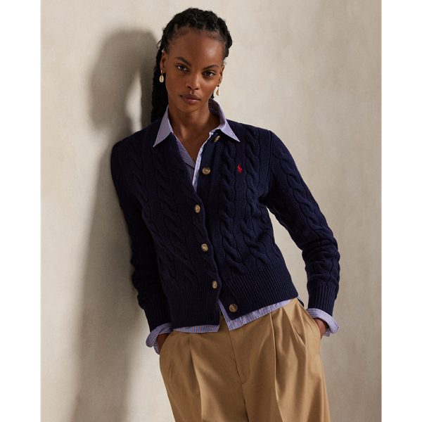 Cable-knit with a soft blend of Italian wool and carded cashmere, this buttoned crewneck cardigan is accented with our signature embroidered Pony at the chest.