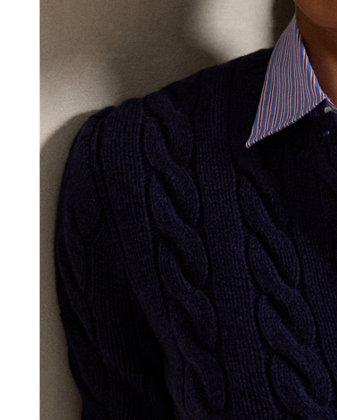 Cable-knit with a soft blend of Italian wool and carded cashmere, this buttoned crewneck cardigan is accented with our signature embroidered Pony at the chest.