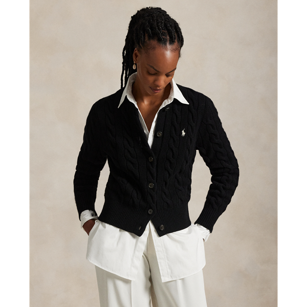 Cable-knit with a soft blend of Italian wool and carded cashmere, this buttoned crewneck cardigan is accented with our signature embroidered Pony at the chest.