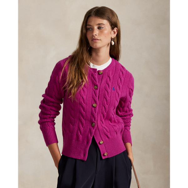 Cable-knit with a soft blend of Italian wool and carded cashmere, this buttoned crewneck cardigan is accented with our signature embroidered Pony at the chest.