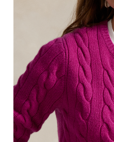 Cable-knit with a soft blend of Italian wool and carded cashmere, this buttoned crewneck cardigan is accented with our signature embroidered Pony at the chest.