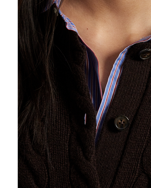 Cable-knit with a soft blend of Italian wool and carded cashmere, this buttoned crewneck cardigan is accented with our signature embroidered Pony at the chest.