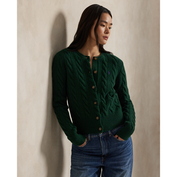 Cable-knit with a soft blend of Italian wool and carded cashmere, this buttoned crewneck cardigan is accented with our signature embroidered Pony at the chest.