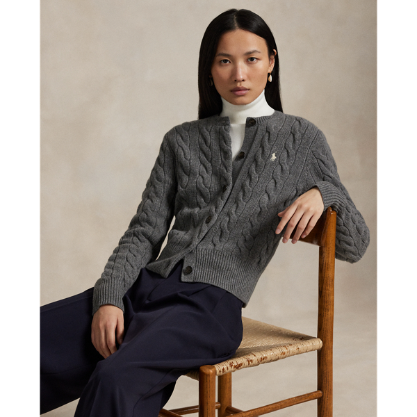 Cable-knit with a soft blend of Italian wool and carded cashmere, this buttoned crewneck cardigan is accented with our signature embroidered Pony at the chest.