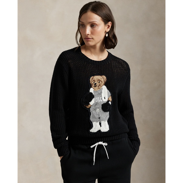 Knit with textural pointelle stitches, this cotton crewneck jumper showcases an intarsia-knit and embroidered rendering of  Ralph Lauren Lauren's Polo Bear in a boxer-inspired look.