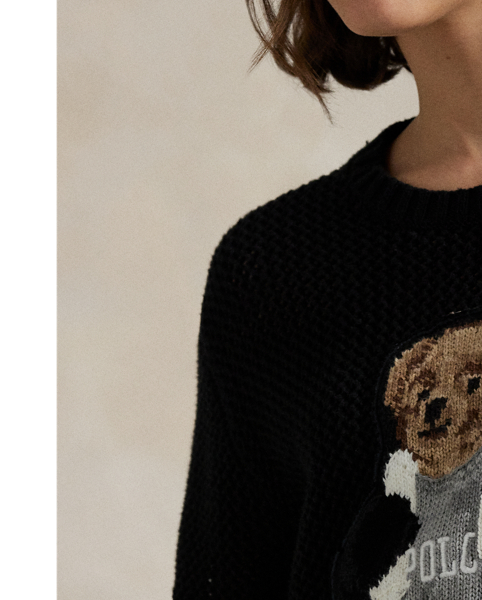 Knit with textural pointelle stitches, this cotton crewneck jumper showcases an intarsia-knit and embroidered rendering of  Ralph Lauren Lauren's Polo Bear in a boxer-inspired look.