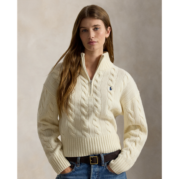 Italian wool and cashmere is cable-knit for a soft, chunky texture to create this relaxed-fitting pullover featuring a half-zip placket. Our signature embroidered Pony adorns the chest.