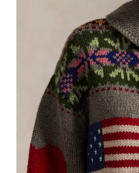 This wool cardigan is decorated with intarsia-knit motifs throughout, including Fair Isle-inspired patterns, the Polo Bear and signature  Ralph Lauren Lauren logos. The relaxed silhouette features an enveloping shawl collar and full-zip placket.