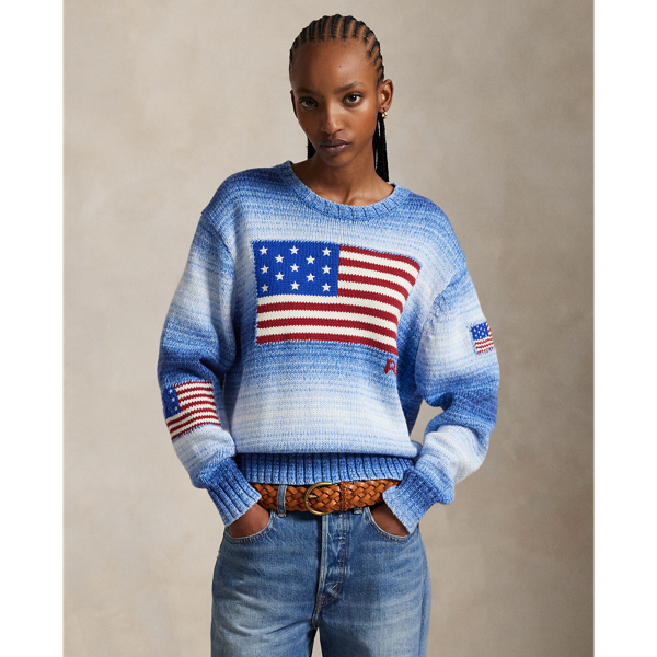 Specially dyed for an ombré effect, this version of Polo's iconic flag jumper is knit with cotton and features three hand-applied historical American flags with embroidered stars and whipstitching at the edges.