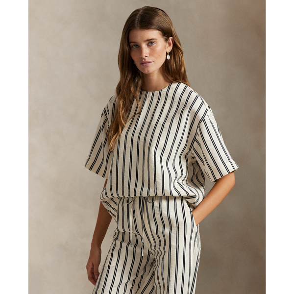 Crafted from a silk blend, this striped short-sleeve top features a clean-lined construction with a panelled back yoke and dropped shoulders.