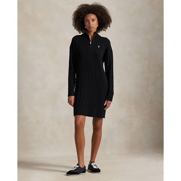 In a relaxed silhouette, this jumper dress is cable-knit with cotton and accented by a half-zip placket. Our signature Pony is embroidered on the chest for pure Polo style.