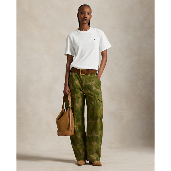 These medium-weight cargo trousers are woven with cotton for a relaxed, curved-leg silhouette and printed with a graphic motif. The panelled construction is detailed with surplus-inspired pocketing.