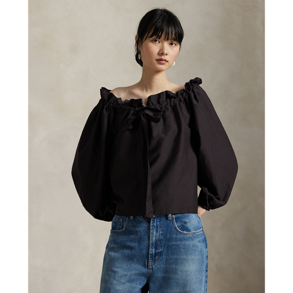 Woven with a blend of cotton and silk yarns, this off-the-shoulder blouse is defined by its relaxed shape and ruffled neckline, which is split at the centre and detailed with self-ties.