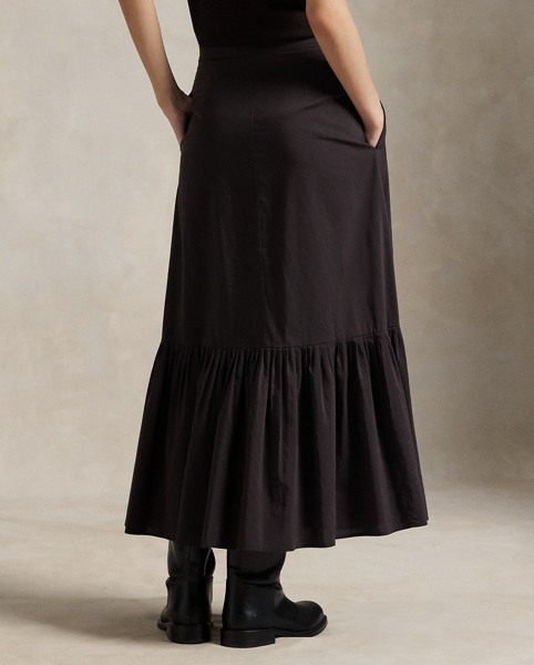 Crafted with cotton and silk yarns for an A-line silhouette, this panelled midi skirt is distinguished by its buttoned placket and ruffled hem with knife-pleating.
