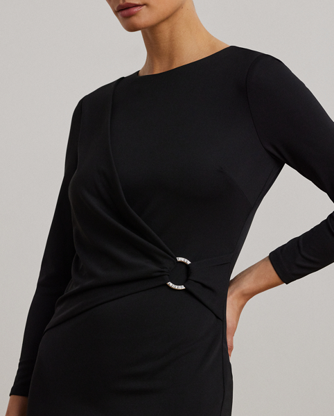Detailed with an "LRL Lauren Ralph Lauren Lauren"-engraved metal O-ring at the waist for iconic style, this essential three-quarter-sleeve dress is cut for a figure-skimming sheath silhouette. Its smooth stretch-jersey fabrication offers ease of movement and a soft hand.