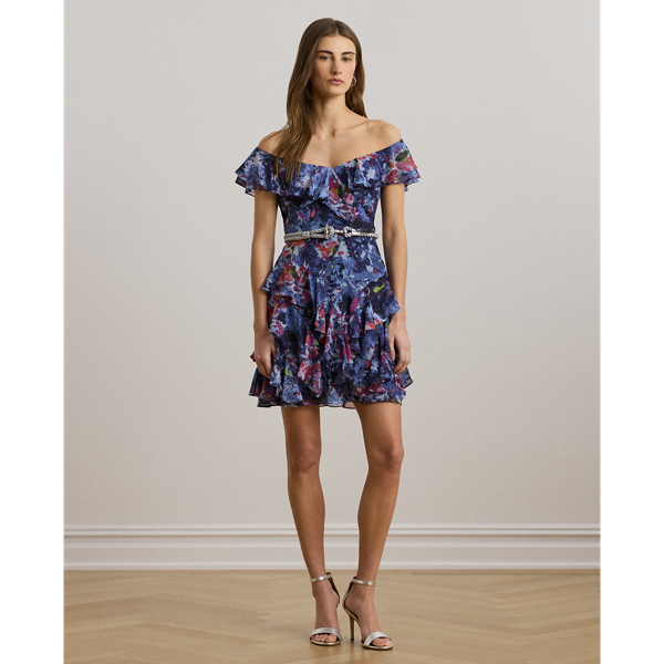 Cascading ruffles and a tiered skirt construction bring effortless movement to this off-the-shoulder cocktail dress, which depicts the season's painterly abstract print. This enchanting style is finished with a belted waist for a defined silhouette.