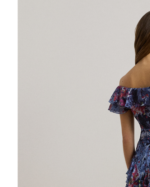 Cascading ruffles and a tiered skirt construction bring effortless movement to this off-the-shoulder cocktail dress, which depicts the season's painterly abstract print. This enchanting style is finished with a belted waist for a defined silhouette.