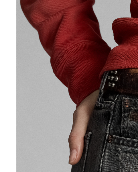 Straight-fitting jeans made with 10 oz. cotton-blend denim. Dusty black wash. Repaired. Raw-edge hems. Sanforized to minimise shrinkage.