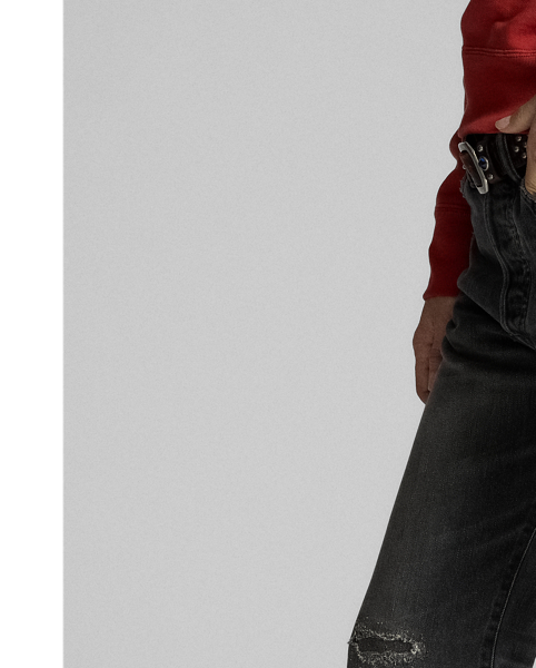 Straight-fitting jeans made with 10 oz. cotton-blend denim. Dusty black wash. Repaired. Raw-edge hems. Sanforized to minimise shrinkage.