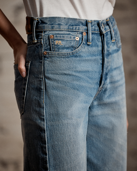 Relaxed-fitting, wide-leg jeans made from 14 oz. Japanese denim. 3x1 left-hand twill is dyed with true indigo. Light wash. Dried using a specially crafted process for an authentic timeworn appearance. Adjustable buckled back and other detailing inspired by denim styles from the late 1930s.
