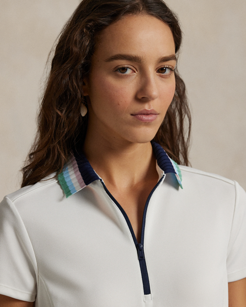 Princess seams enhance the A-line silhouette of this stretch piqué dress, which features a striped knit Polo collar and quarter-zip placket.