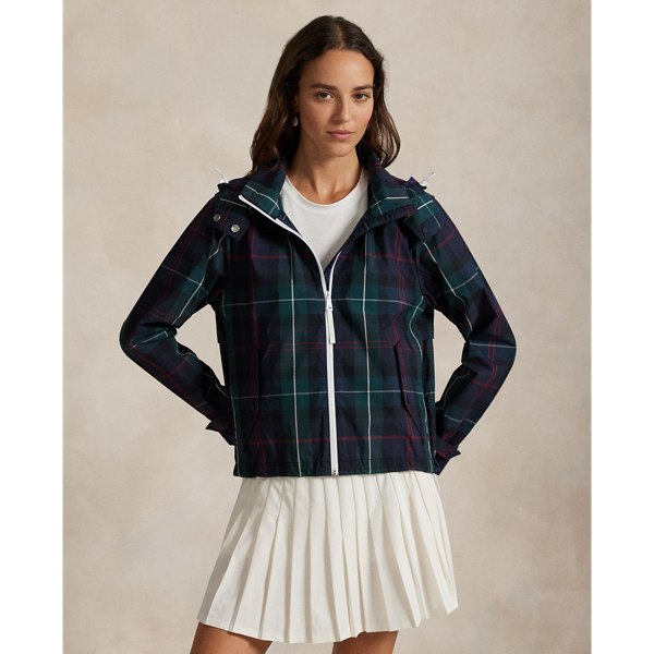 Designed to keep you shielded from wind and rain, this lightweight plaid jacket is made from water-repellent fabric and features a zip-off hood and a mesh-lined back vent for breathability.