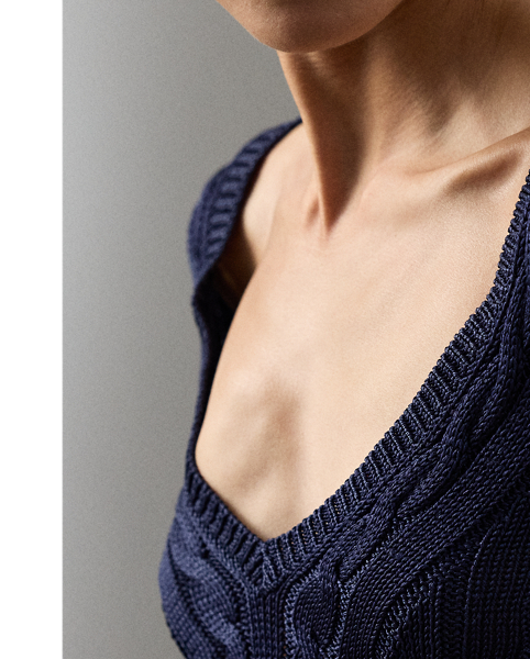 Our iconic cable-knit V-neck jumper combines impeccable craftsmanship with the refined luxury of high-shine silk, which is specially selected for its soft hand and beautiful sheen.