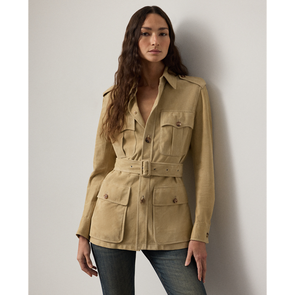 The Gabbie unites Ralph Lauren Lauren's iconic jacket silhouette with some of the Autumn 2024 Collection's signature themes. Combining utility-inspired elements with a luxurious sensibility, the Gabbie is defined by buttoned-flap patch pockets, buttoned shoulder epaulettes, genuine horn buttons and a buttery soft lamb-suede construction. A belted waist equipped with a lamb suede-covered buckle completes the look.