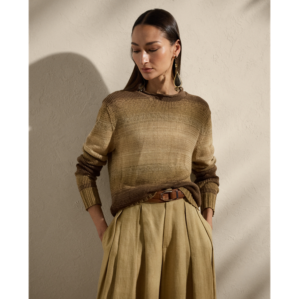 Taking cues from menswear, this version of our rollneck jumper is cut for a slightly oversize fit. Spun with a twisted jersey stitch, this intarsia-knit style is crafted from a blend of linen, silk, cotton and cashmere yarns, which have been plied-up for hand knitting and arranged to create a beautiful ombré effect.