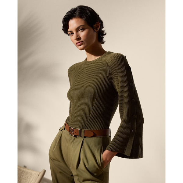 Spun with a luxurious blend of wool and silk yarns in a half-cardigan stitch, this crewneck jumper features flattering fashioning on the body and buttoned plackets down each sleeve. "RL" script-and-crown-engraved buttons complete the look.