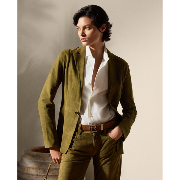 Derived from our iconic Parker jacket, the one-button Jessamine is cut in a luxurious lamb suede and features a lightly creased panelled construction, which includes subtle perforations on the undersleeve and side panels for a sporty sensibility. Tonal lacing on the side seams and zig-zag stitching showcase Mr Lauren's dedication to refined style.