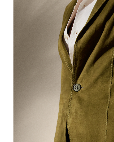 Derived from our iconic Parker jacket, the one-button Jessamine is cut in a luxurious lamb suede and features a lightly creased panelled construction, which includes subtle perforations on the undersleeve and side panels for a sporty sensibility. Tonal lacing on the side seams and zig-zag stitching showcase Mr Lauren's dedication to refined style.