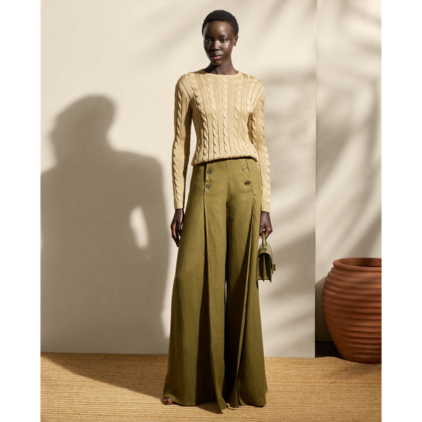 Inspired by classic menswear, the Montaine trouser is defined by its sleek wide-leg silhouette and genuine mother-of-pearl buttons engraved with " Ralph Lauren Lauren". This version is crafted from rustic-chic linen in a classic construction for season-spanning wear.