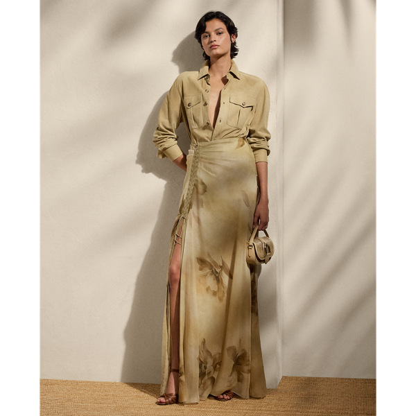 Crafted with airy silk gauze printed with the season's dreamy floral motif, which originated as a watercolour painting done by one of Ralph Lauren Lauren's skilled artists, our Odera evening skirt is distinguished by fixed ruching and a lace-up lamb-suede placket, which continues down the side and releases into a skirt slit for ease of movement.