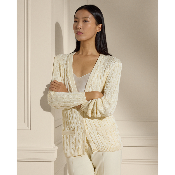 Our iconic cable-knit cardigan jumper combines impeccable crafting with the refined luxury of high-shine silk, which is specially selected for its soft hand feel and beautiful sheen.