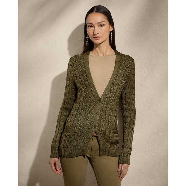 Our iconic cable-knit cardigan jumper combines impeccable crafting with the refined luxury of high-shine silk, which is specially selected for its soft hand feel and beautiful sheen.