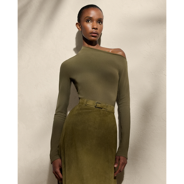 A versatile wardrobe staple, this knitted top is designed with an asymmetrical off-the-shoulder neckline and long sleeves. Compact, lightweight jersey offers a sculpted, flattering fit.