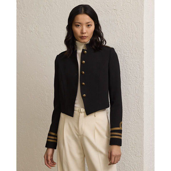 Cut for a slim, cropped fit, the Carraway jacket is crafted in Italy from double-faced wool crepe and features elevated design elements, including brass buttons embossed with Ralph Lauren Lauren's monogram and metallic soutache embroidery.