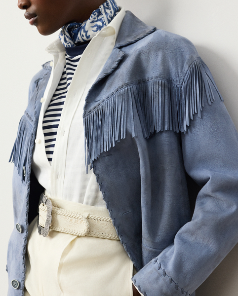 Specially treated for a vintage appearance, the Rennie jacket is crafted with supple lamb suede that's manually prepared with a two-tone wax, resulting in beautiful highs and lows of colour. Showcasing Mr Lauren's commitment to fine Italian crafting, this jacket is detailed by hand with whipstitching and fringe trim for a Western-inspired finish.