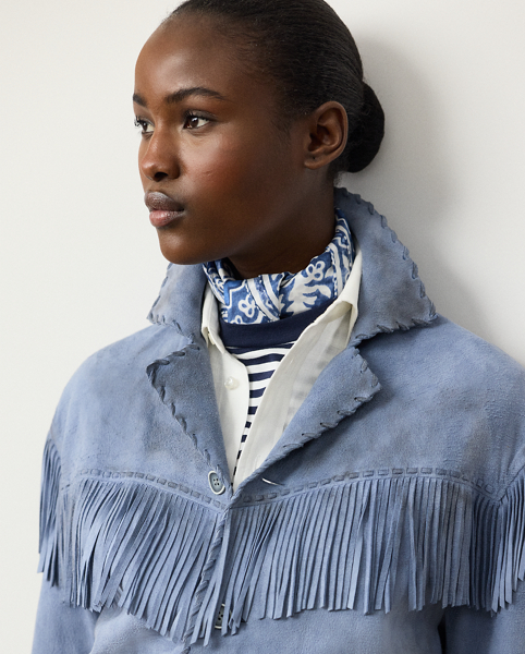 Specially treated for a vintage appearance, the Rennie jacket is crafted with supple lamb suede that's manually prepared with a two-tone wax, resulting in beautiful highs and lows of colour. Showcasing Mr Lauren's commitment to fine Italian crafting, this jacket is detailed by hand with whipstitching and fringe trim for a Western-inspired finish.