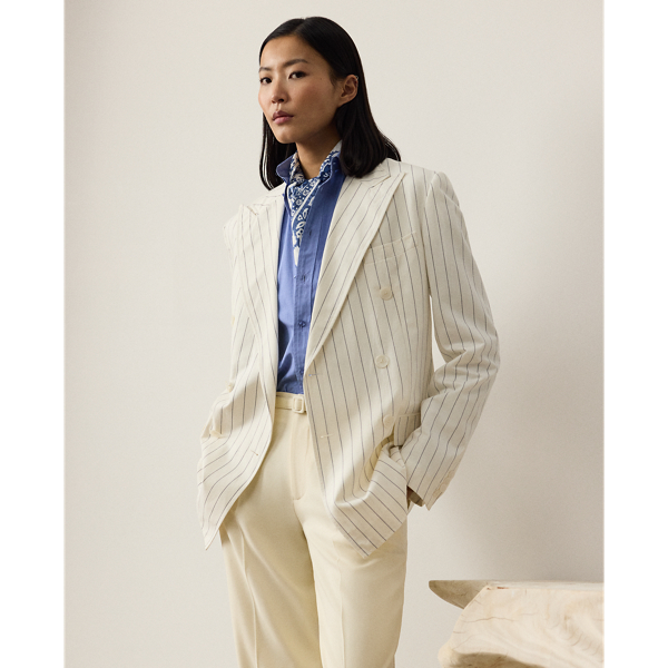 The Bennet is a menswear-inspired double-breasted silhouette. This version is rendered with the season's yarn-dyed striped suiting fabric, which is woven in a breathable cotton blend and specially washed for a rustic, worn-in look. Highly considered tailoring details, including peak lapels, waist darts and princess seams, offer a tailored finish.