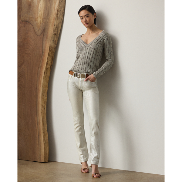 Cut for a mid-rise and a slim silhouette, this version of the Barrett jean is crafted in Italy with Japanese stretch cotton denim that's garment-dyed and specially treated with an irregular silver-tone foil. A leather patch debossed with " Ralph Lauren Lauren Made in Italy" at the back waist completes the look.