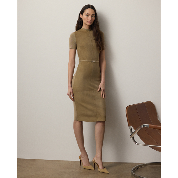 A hybrid of luxurious materials, the season's Lindsay dress unites two one-of-a-kind fabrics to create its clean sheath silhouette. For the crewneck, sleeves and back, a rib-knit wool-and-silk blend is used, while sumptuous lamb-suede panels with edge-stitching details grace the front. This timeless style comes with a self-belt centred by a signature " Ralph Lauren Lauren"-engraved metal buckle.
