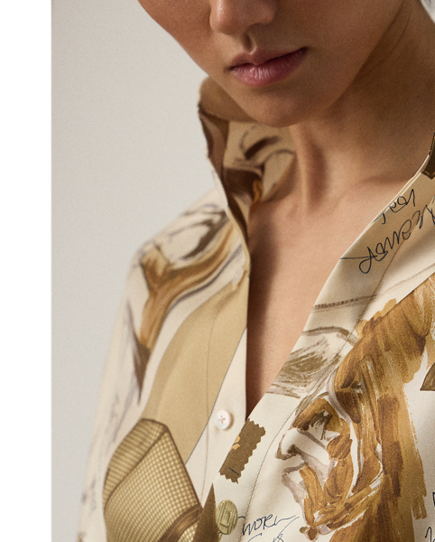 Traditional men’s shirting details – including a French placket and a spread collar – merge with an unexpected open-sleeve construction in this version of the Karen blouse. Crafted from silk twill, this style is printed in a renowned Como, Italy, mill with the season's diary-inspired pattern – a beautiful collection of motifs depicting various  Ralph Lauren Lauren sketches and accessories in a versatile, neutral palette.