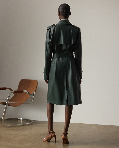 The Italian-made Niles – realised here using traditional trench coat details, including buttoned shoulder epaulets, storm flaps, a belted collar and waist and a double-breasted silhouette – is made with supple nappa lambskin that's specially dyed to the season's dark racing green hue – a colour directly inspired by one of Mr Lauren's iconic vehicles. Imitation horn buttons, lambskin-covered buckles and a debossed logo on the undercollar add refinement to its timeless design.