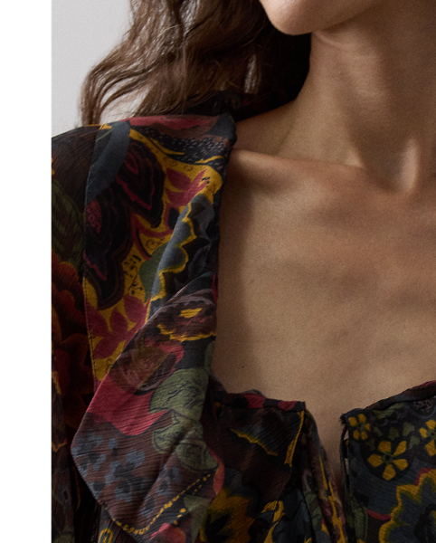 For Autumn 2025 Collection, Mr Lauren paired romantic elements iconic to the Victorian era with modern silhouettes, which is evident here in the Catia dress. Crafted in Italy from delicate crinkle chiffon, this floor-sweeping day dress is printed in a renowned Como, Italy, mill with one of the season's jewel-tone motifs – a dreamy collage of flowers and paisleys in a bright, moody palette. With ruffle trim and blouson sleeves, this elegant style undergoes a fabric-manipulation technique, known as plissé soleil, to form its stunning pleated effect at the skirt. Adjustable self-ties create a versatile neckline that can be styled open or closed, allowing you to switch up your look with ease.