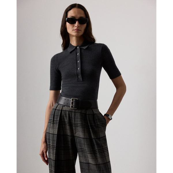 This timeless style reimagines the classic Polo shirt as a slim-fitting top with elbow-length sleeves. Featuring a rib-knit Polo collar and genuine mother-of-pearl buttons custom-developed with  Ralph Lauren Lauren's logo, this top is knit with lightweight interlock jersey – a fabrication created with 100% virgin wool and considered for its unique balance of structure, softness and fluidity.
