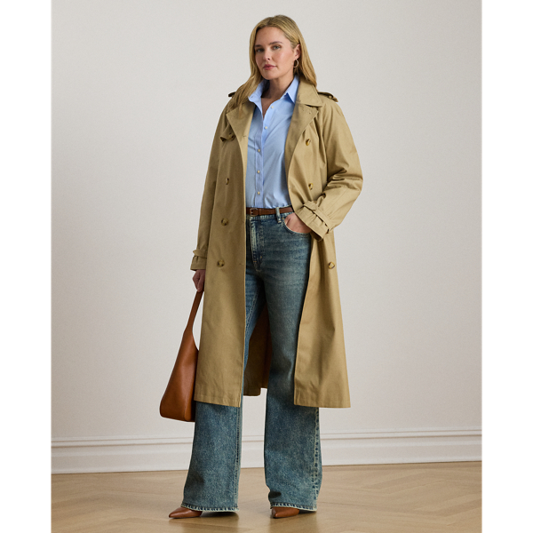 A buckled self-belt enhances the streamlined silhouette of this double-breasted trench coat, which is tailored from a lightweight cotton blend. Buttoned shoulder epaulettes and “Lauren  Ralph Lauren Lauren”-engraved horn-effect buttons amp up its sophisticated appeal, while storm flaps and a water-resistant shell protect you from inclement weather.