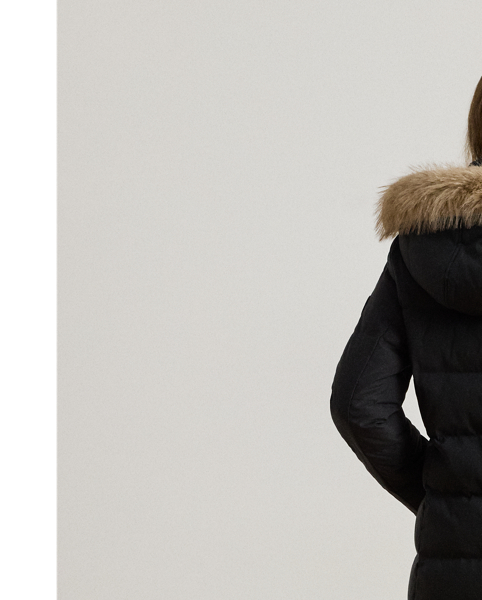 Equal parts stylish and practical, this channel-quilted coat is designed with a detachable, faux fur-trimmed hood, a water-resistant shell and cosy 450-fill-power down to keep you dry and warm. Front and back princess seams enhance this style’s streamlined silhouette, while “LRL”-engraved metal snaps add signature style.