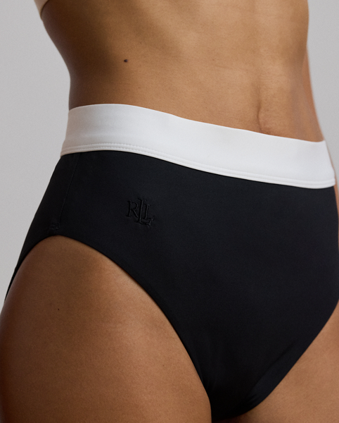 Punctuated with an “LRL”-embroidered logo on the hip, this two-tone bikini bottom is designed with delicate shirring and a high-waisted silhouette for a flattering fit.